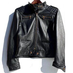 Women’s Moda International Black 100% Lamb Leather Moto Jacket, Quilted Large